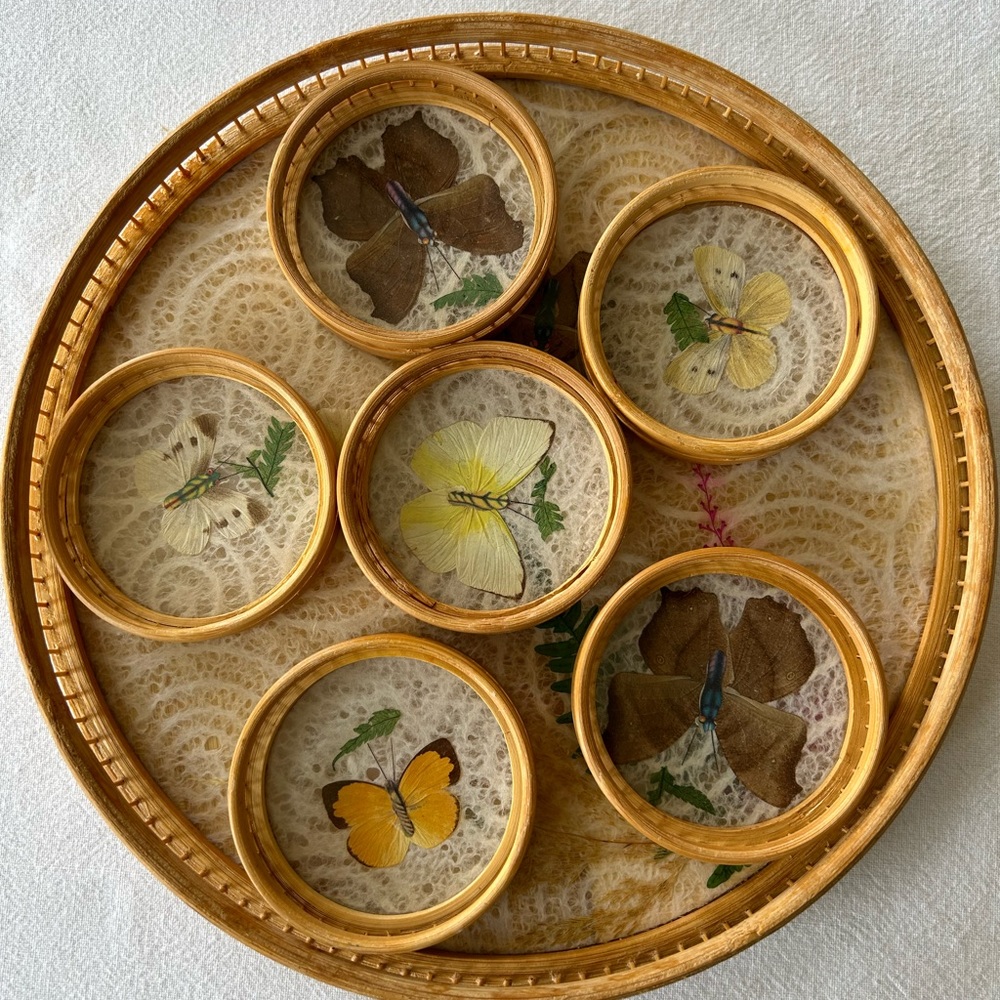 Bamboo Preserved Butterfly 11"  Serving Tray 6 Coaster Set. Boho 70’s Hippie